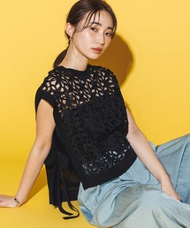 Greedy Brilliant 黒 レース ベスト　グレイディブリリアン Gready Brilliant ベスト ジレ 刺繍レース2WAYベスト