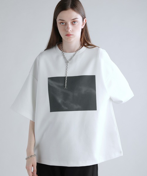 SOCCE tシャツ コットンポンチタック5分袖ドレーププリントカットソー