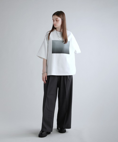 SOCCE tシャツ コットンポンチタック5分袖ドレーププリントカットソー