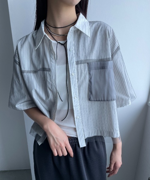 ブラウス シャツ チュールレイヤードストライプハーフスリーブシャツ レディース