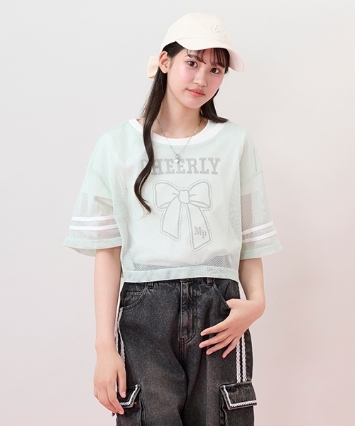アンサンブル リボンメッシュTシャツセット キッズ 子供服 女の子 mezzo piano Junior（メゾピアノ ジュニア） アンサンブル リボン