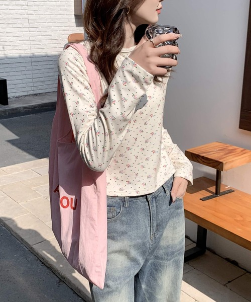 ヘンリーネック tシャツ 「3タイプ展開」小花柄ロングTシャツ