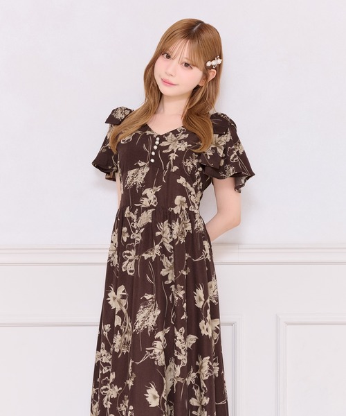 美品 オッズオネスト 天使柄 肩出しレースアップワンピース 茶 apres jour（アプレジュール） ワンピース 肩リボン花柄ワンピース