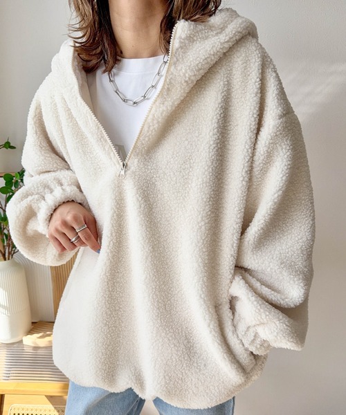 ADORE トリプルクロスパーカー ハーフジップ ホワイト プルオーバー Cura Closet パーカー 「ema.217 select」テディボア ハーフジップ