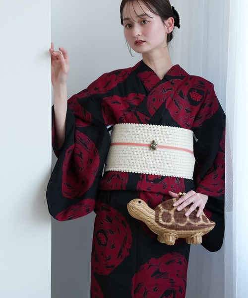 utatane 浴衣 手染め注染浴衣3点セット utatane×注染工房 黒に紅赤 緋