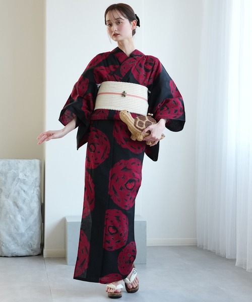 浴衣 手染め注染浴衣3点セット utatane×注染工房 黒に紅赤 緋輪 レディース_2