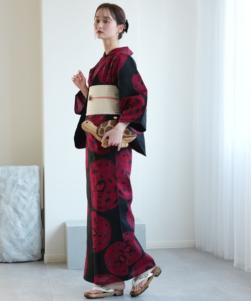 浴衣 手染め注染浴衣3点セット utatane×注染工房 黒に紅赤 緋輪 レディース_3