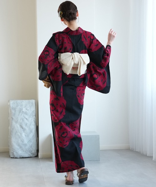 utatane 浴衣 手染め注染浴衣3点セット utatane×注染工房 黒に紅赤 緋