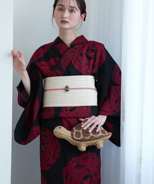 浴衣 手染め注染浴衣3点セット utatane×注染工房 黒に紅赤 緋輪 レディース_5