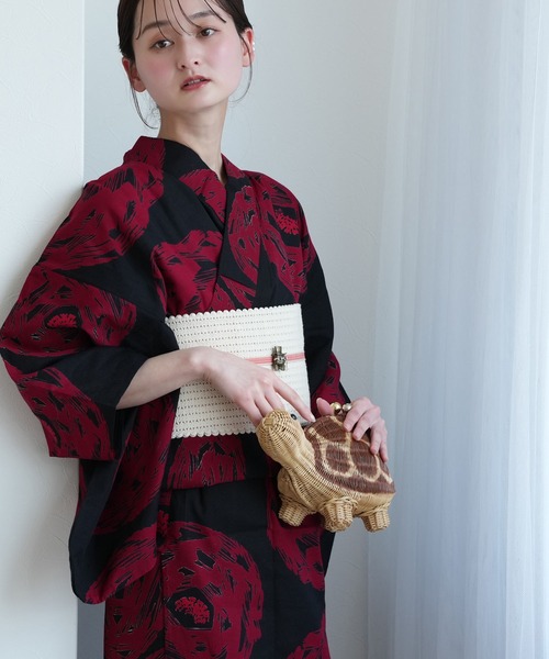 浴衣 手染め注染浴衣3点セット utatane×注染工房 黒に紅赤 緋輪 レディース_6
