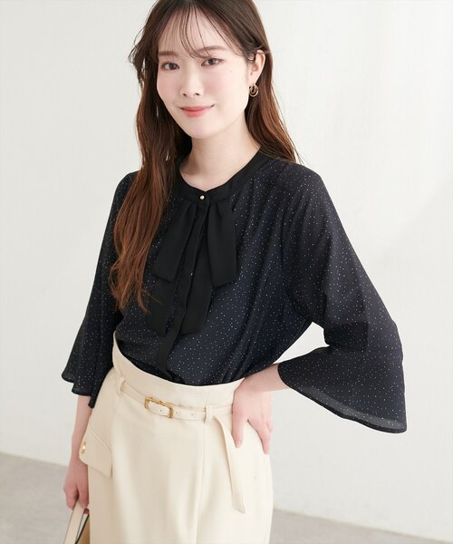 natural couture ブラウス シャツ フレアカフス袖リボンボウタイ