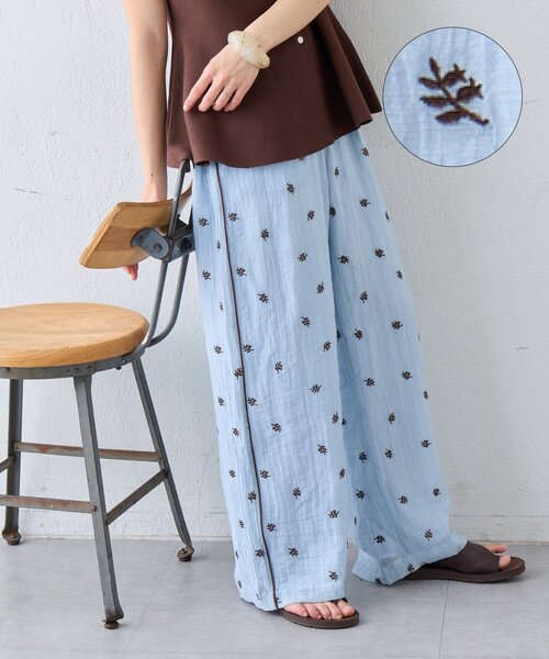 ワイドパンツ パンツ 「着映え/3サイズ展開」楊柳花柄刺繍イージーパンツ レディースの画像