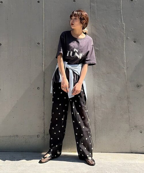 ワイドパンツ パンツ 「着映え/3サイズ展開」楊柳花柄刺繍イージーパンツ レディースの画像