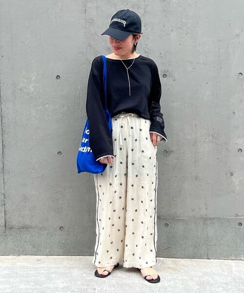ワイドパンツ パンツ 「着映え/3サイズ展開」楊柳花柄刺繍イージーパンツ レディースの画像