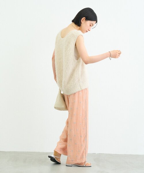 ワイドパンツ パンツ 「着映え/3サイズ展開」楊柳花柄刺繍イージーパンツ レディースの画像