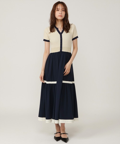 ワンピース ラメ入り配色ドッキングワンピースの画像