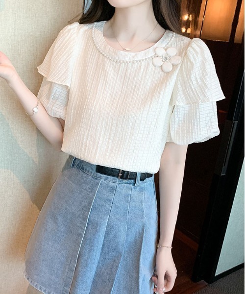 ＆soiree（アンドソワレ） tシャツ 半袖 花モチーフダブルフレア半袖 
