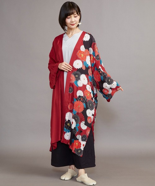 2026春夏新作　カヤ　花墨長羽織　ロングカーディガン　着物風　和風　和柄　真紅 2026春夏新作 カヤ 花墨長羽織 ロングカーディガン 着物風 和風 和柄