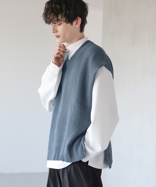 ベスト ジレ 畦編みサイドスリットVネックニットベスト メンズ
