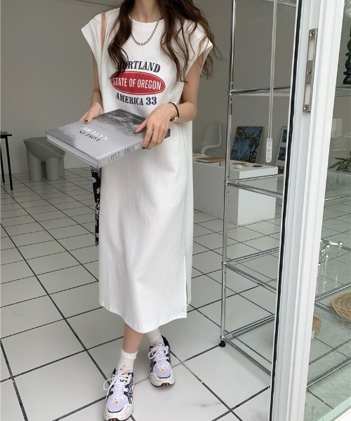 ワンピース SheenaM SHEENA ワンピース ロゴプリントフレンチスリーブワンピース