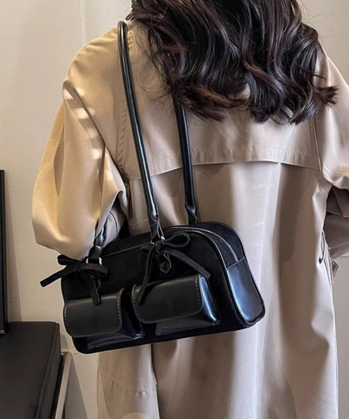 ハンドバッグ リボンベロアハンドバッグ「リボン取り外しOK