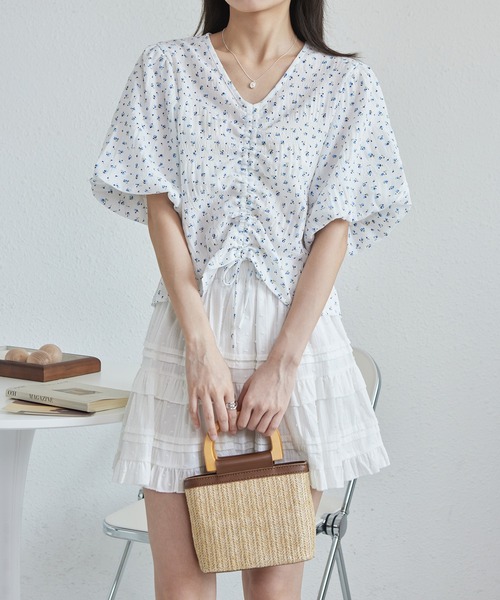 MAISON DE THERESE ブラウス シャツ 花柄Vネック半袖ブラウス