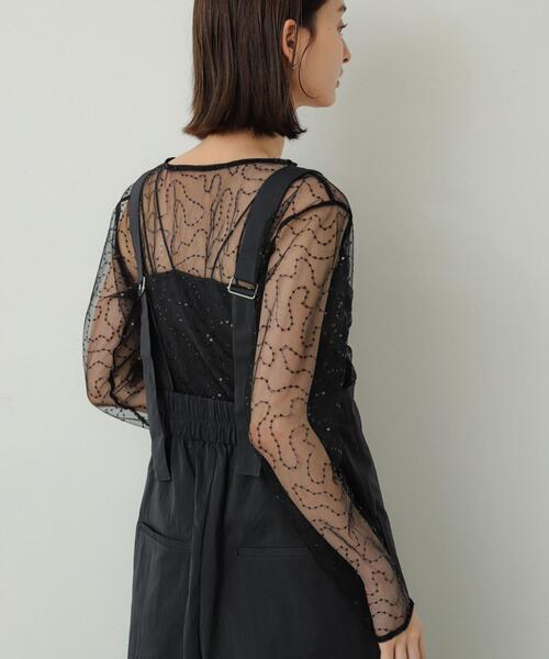 スパンコールチュールタンクトップ オフショルチュールトップス×タンク