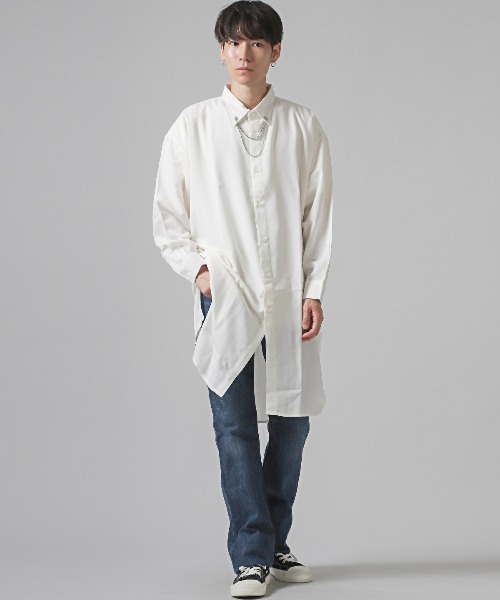 【新品未使用品】#FR2GOLF メンズ長袖薄手シャツ L ショッピングバッグ付 LUXSTYLE シャツ チェーンネックカラーピン付き無地ロング丈長袖