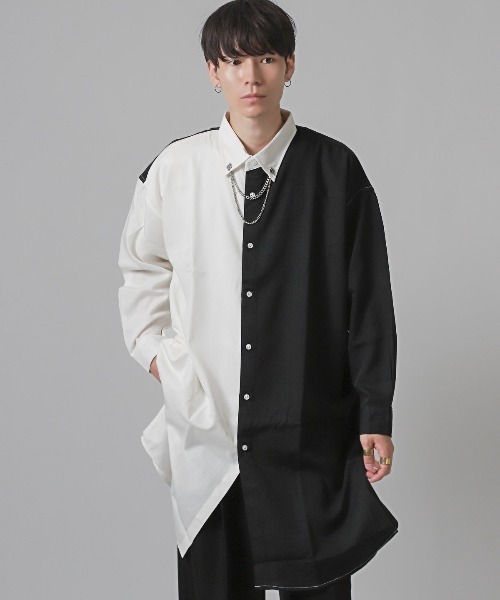 LUXSTYLE シャツ チェーンネックカラーピン付き無地ロング丈長袖シャツ