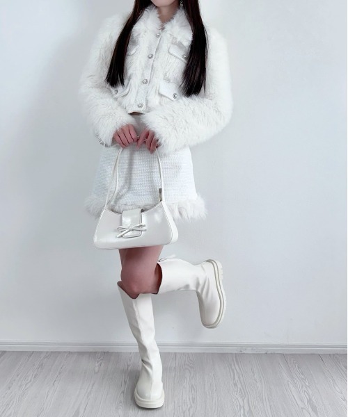 happyです。ファージャケットセットアップ セットアップ 「上品な韓国コーデに」ツイードショートファー