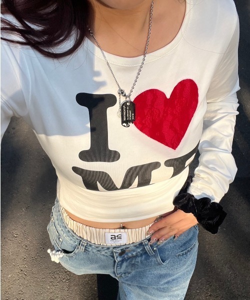 tシャツ レースモチーフILOVEロゴロンT レディース