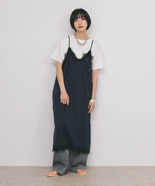 レーストリム付きブラックキャミワンピース KBF（ケービーエフ） ワンピース レーストリムキャミワンピース