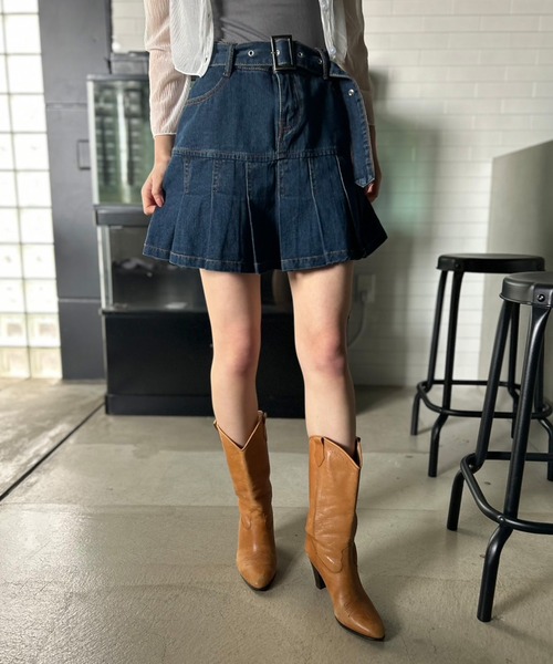 Kotoe デニムスカート ベルト付き プリーツデニムスカート