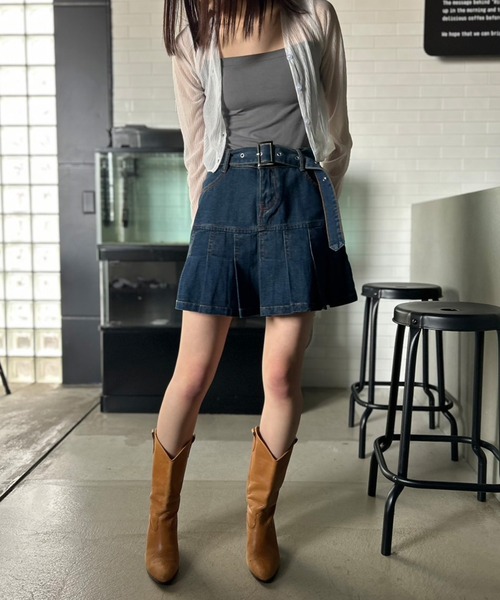 かなこベルトセットプリーツデニムミニスカートネイビーS miniministore ミニデニムプリーツスカート ベルト付き