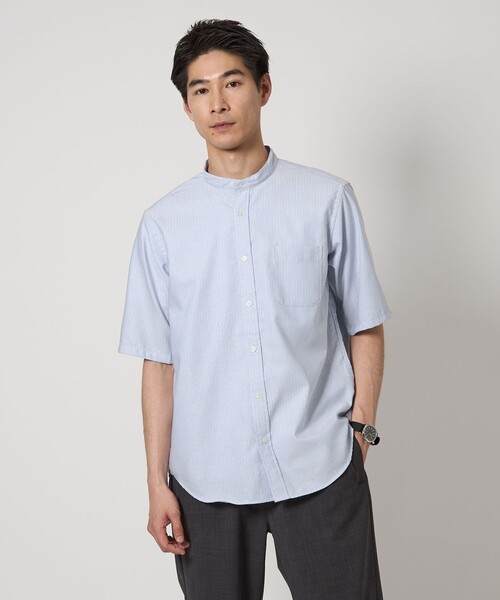 【green label relaxing】半袖シャツ バンドカラー ネイビー green label relaxing シャツ ウォッシャブルトロ バンドカラー