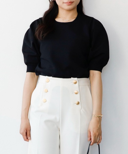 【小さいサイズ/洗える】丸首パフスリーブニット Sirin ニット セーター 「洗える」タックパフスリーブニット