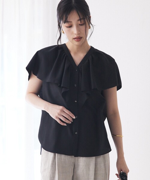 qualite（カリテ） ブラウス シャツ ラッフルカラーVネックブラウス