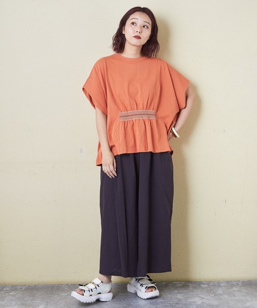 夏至セールゴーシュ　スーピマカシミア リリース天竺 ワイドプルオーバー ホワイト CUBE SUGAR tシャツ 21/-OE天竺スモッキング刺繍プルオーバー