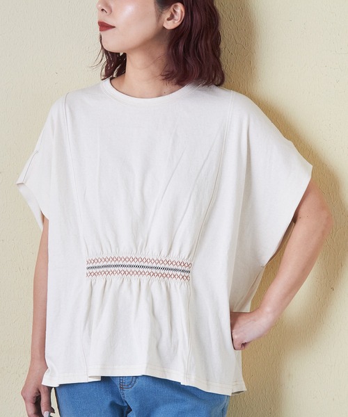 夏至セールゴーシュ　スーピマカシミア リリース天竺 ワイドプルオーバー ホワイト CUBE SUGAR tシャツ 21/-OE天竺スモッキング刺繍プルオーバー