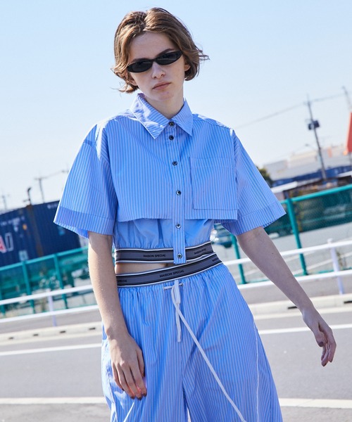 MAISON SPECIAL メゾンスペシャル ストライプ ブルー シャツ 半袖 MAISON SPECIAL ブラウス シャツ Striped Zip Shirt/ストライプ