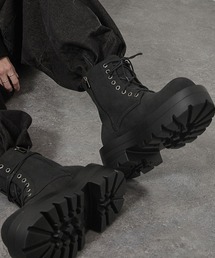 AYUSTONG ブラックレザー ワークブーツ ジッパー付きopium ブーツ 「Alfred Alex」Chunky High-Sole Boots/ハイソール サイド