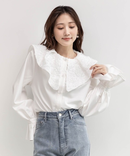 RANDA（ランダ） ブラウス シャツ 3Dフラワービッグカラーブラウス