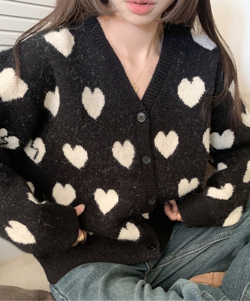 カーディガン ハート柄Vネックニットカーディガン レディース