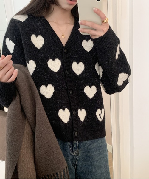 カーディガン ハート柄Vネックニットカーディガン レディース