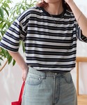 tシャツ 半袖 配色マルチボーダー オーバーサ...の詳細画像1