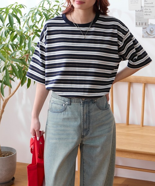 MONO-MART（モノマート） tシャツ 半袖 配色マルチボーダー オーバー