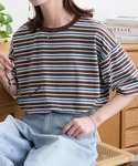 tシャツ 半袖 配色マルチボーダー オーバーサ...の詳細画像3