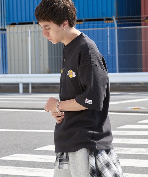 NBA ヘンリーネック tシャツ NBA/エヌビーエー 別注 ロゴ刺繍 ワッフル