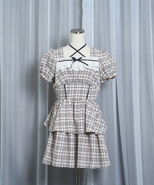 【HoneyCinnamon】デコルテリボンチェックワンピース アイボリー 新品 Honey Cinnamon（ハニーシナモン） ワンピース 半袖 デコルテリボン