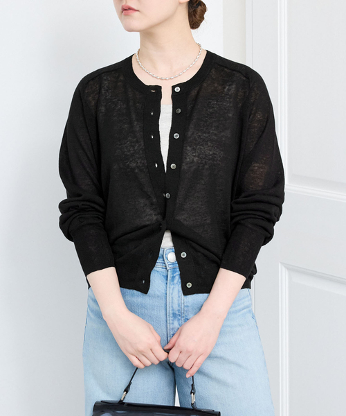 IENA - コットン麻クルーネックカーディガン　新品　ネイビー IENA（イエナ） カーディガン 「アンサンブル対応/手洗い可」ハイ